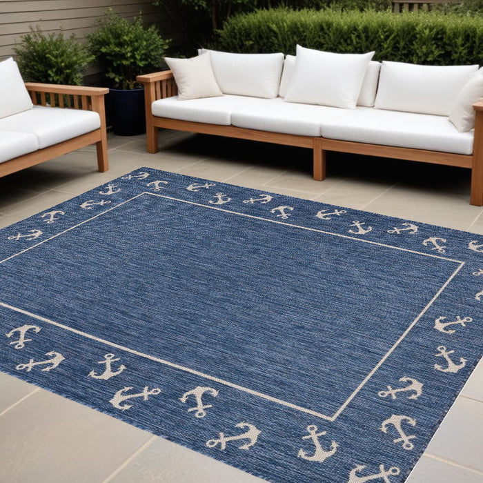 8' X 9' Nautical Anchor Indoor / Outdoor Area Rug - Blue / Natural