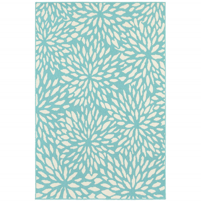 9' X 13' Floral Stain Resistant Indoor / Outdoor Area Rug - Blue / Ivory