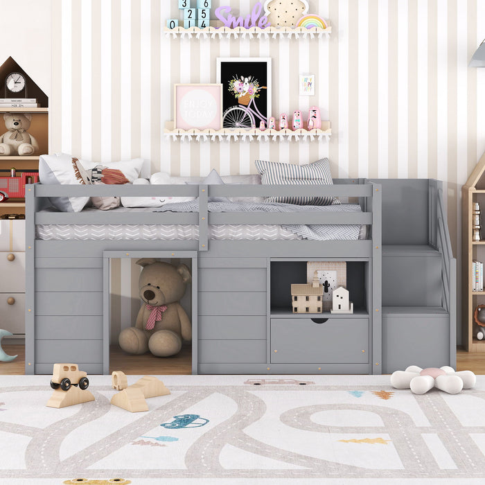 Low Loft Bed With Stair, Drawer, And Shelf Home Essentials