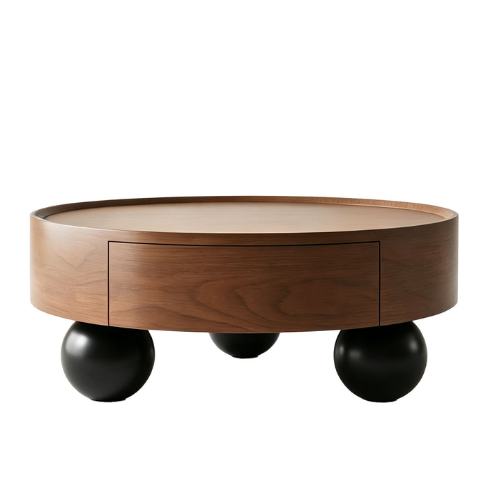 Round Coffee Table With Storage Drawer And Ball Feet - Walnut / Black Home Essentials