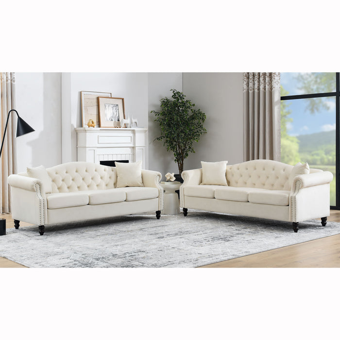 3 - Seater / 3 - Seater Combination Sofa, Beige Velvet