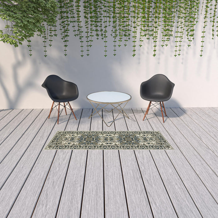 2' X 8' Oriental Stain Resistant Indoor / Outdoor Area Rug - Ivory / Blue