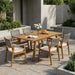 Outdoor 7 Pieces Patio Slat Design Acacia Upholstered Dining Set Noble House