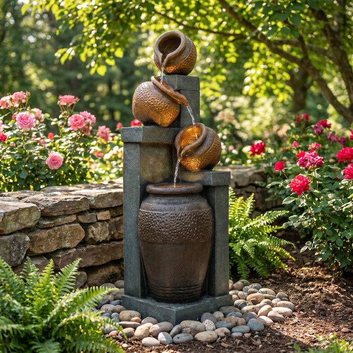 4 Tier Outdoor Water Fountain With Warm LED Lights For Patio - Brown / Tan Daily Nest