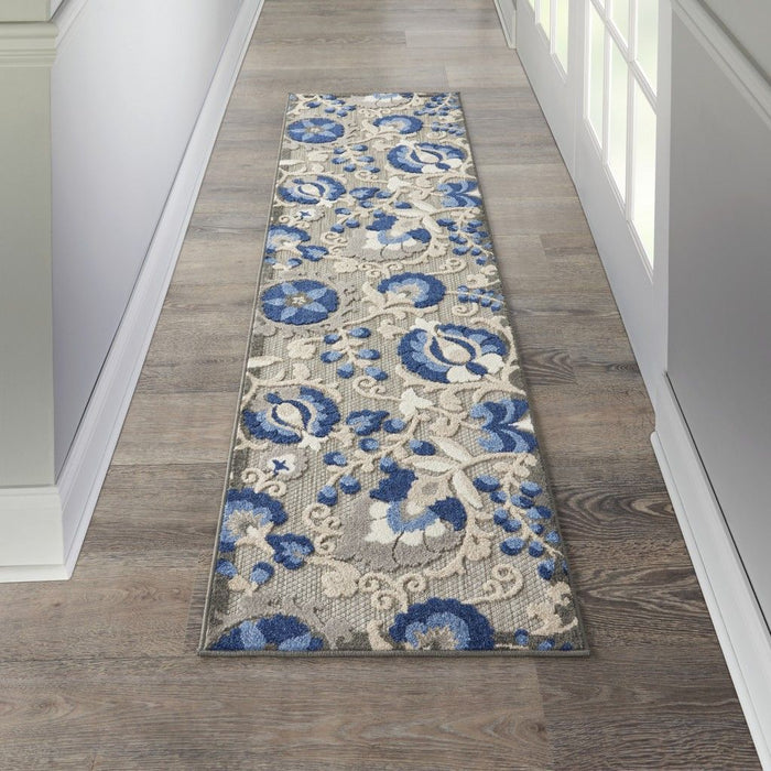 2' X 6' Floral Indoor & Outdoor Area Rug - Blue / Gray