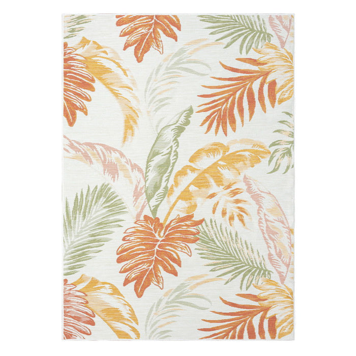 5' X 7' Palm Leaf Stain Resistant Indoor / Outdoor Area Rug - Ivory Green / Orange