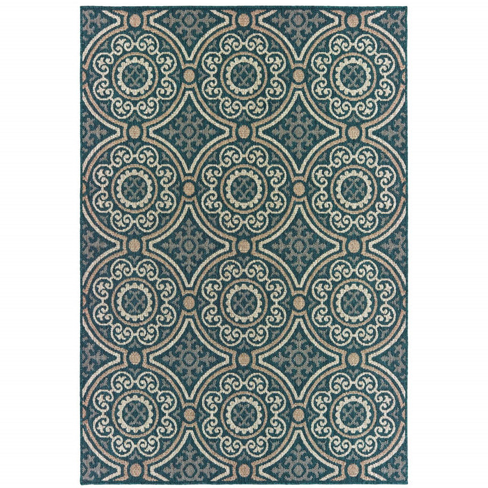 8' X 10' Geometric Stain Resistant Indoor / Outdoor Area Rug - Blue / Gray