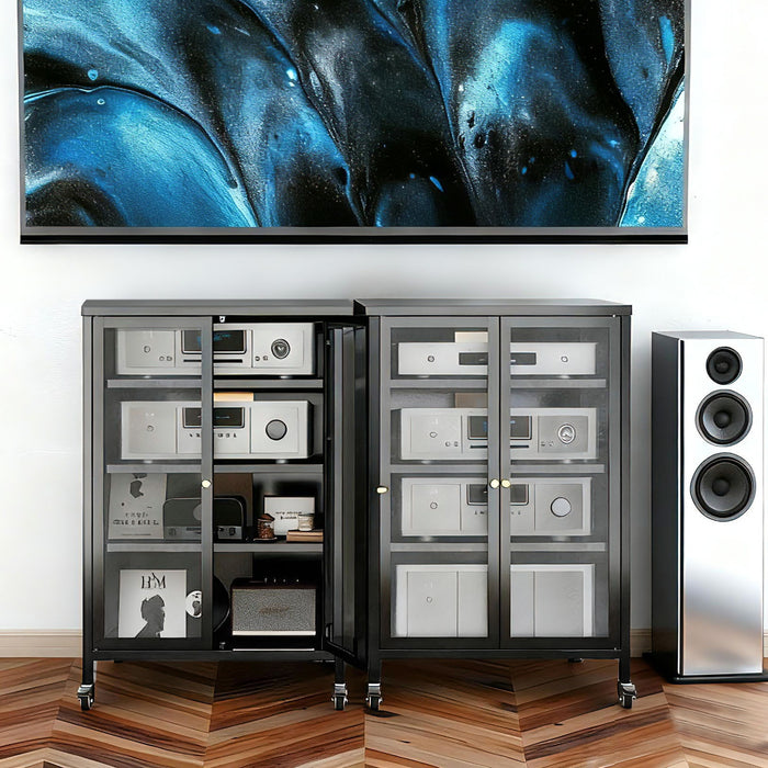 Media Storage Cabinet With Wheels, 4 Adjustable Glass Shelves & Door, Heavy-Duty - Black Home Essentials