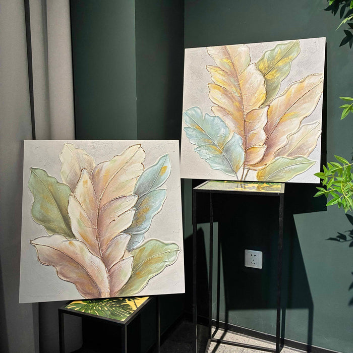 Botanical Leaf Wall Art, Textured Canvas Painting With Accents, Framed Decor For Living Room (Set of 2) - Green Leaf Daily Nest