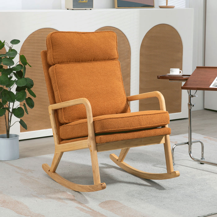 25.2" W Modern Rocking Chair Accent Lounge Armchair Comfy Boucle Upholstered High Back Wooden Rocker For Nursery Living Room Baby Kids Room Bedroom, Caramel