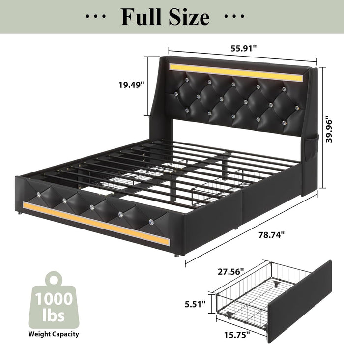 Wingback Upholstered Bed Frame With LED Lights, Charging Station Home Essentials