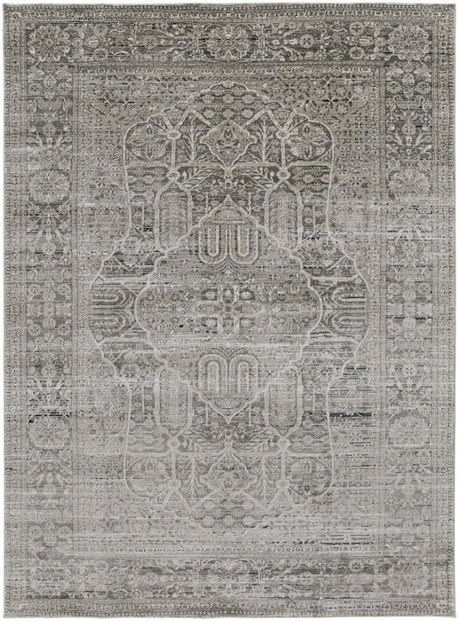 Floral Power Loom Distressed Area Rug - Gray Silver And Taupe - 5' X 8'