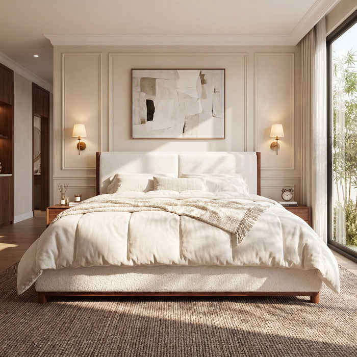 King Upholstered Bed Frame, No Box Spring Needed - Walnut / White Noble House