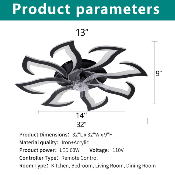 Flower Ceiling Fan With Remote Controlled LED Light, Flush Mount DC Motor Fan Daily Nest