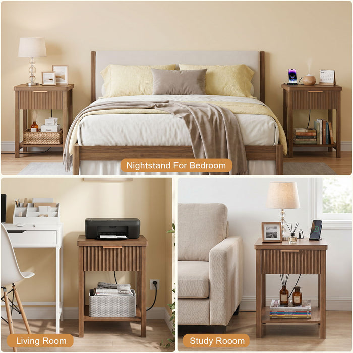 Nightstand, Bedside Table With Built In Charging Station (Set of 2) - Walnut Home Essentials