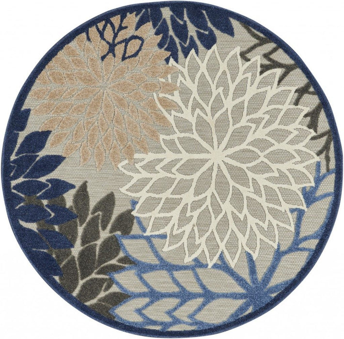 5' Round Round Floral Indoor / Outdoor Area Rug - Blue / Gray