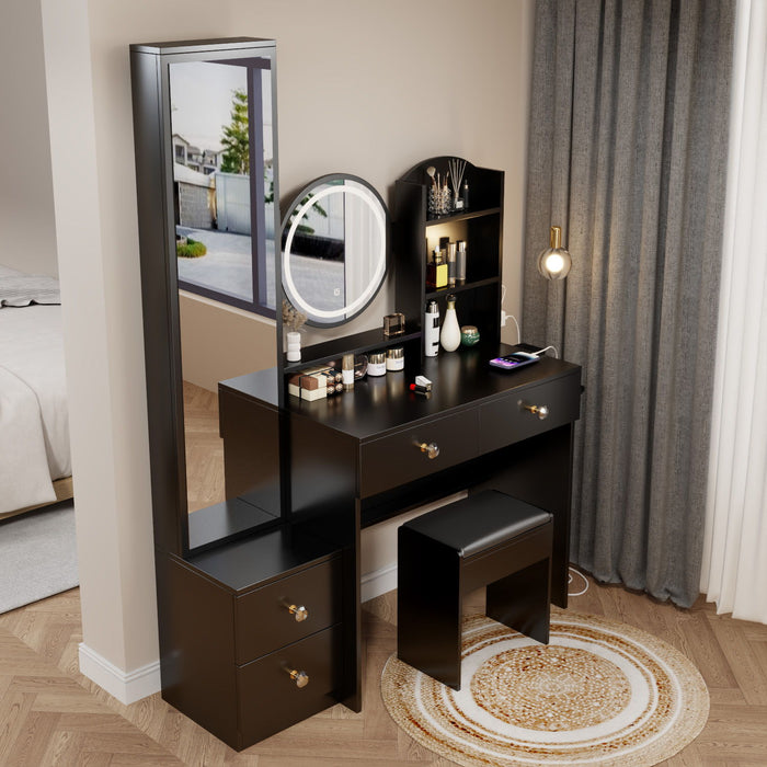 Full Body Mirror Cabinet / Round Mirror LED Vanity Table / Cushioned Stool, With 2 Ac / 2 USB Power Station, 17" Diameter LED Mirror, Touch Control, 3 Color, Brightness Adjustable