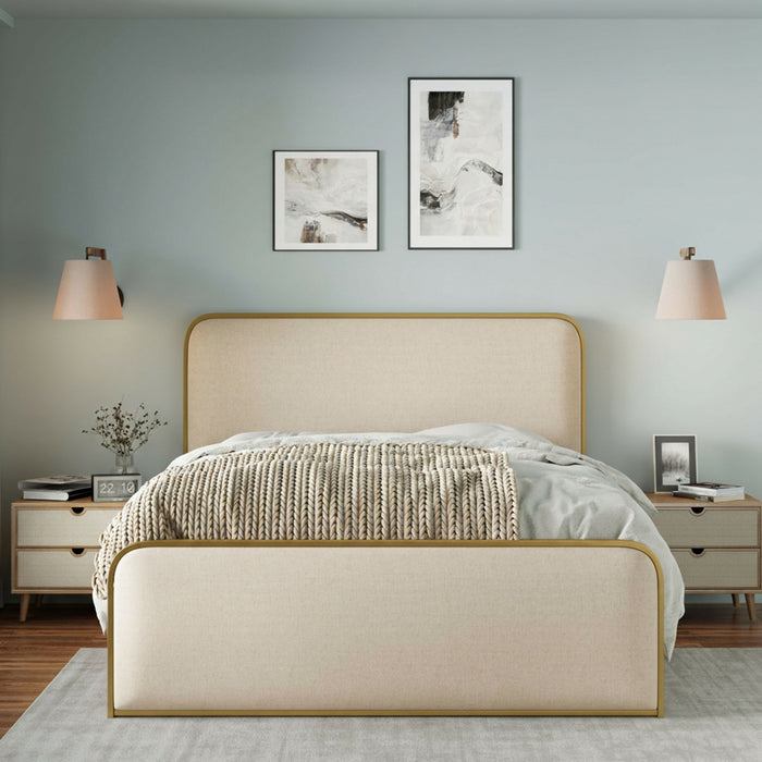 Queen Size Bed Frame With Curved Upholstered Headboard And Footboard - Beige / Gold Hearth and Haven