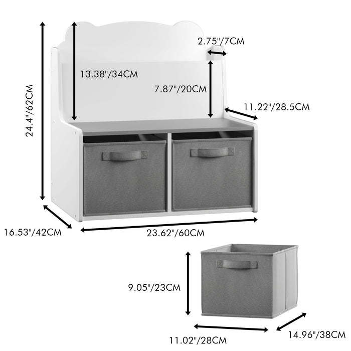 Bookshelf With Storage Bins, Bookcase With Book Display Shelf And 2 Bins, Cute Bear Shaped Backboard, Toy Organizer - White Home Essentials