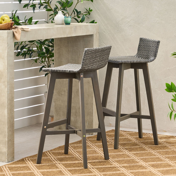 Equinox - Outdoor Barstool With Rattan Wicker Top And X Stretcher Frame (Set of 2)