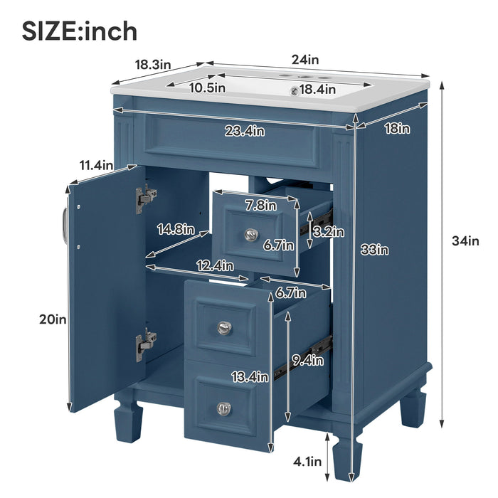 Bathroom Vanity With Ceramic Sink, Compact Cabinet With 2 Drawers And Adjustable Shelf - Blue Hearth and Haven