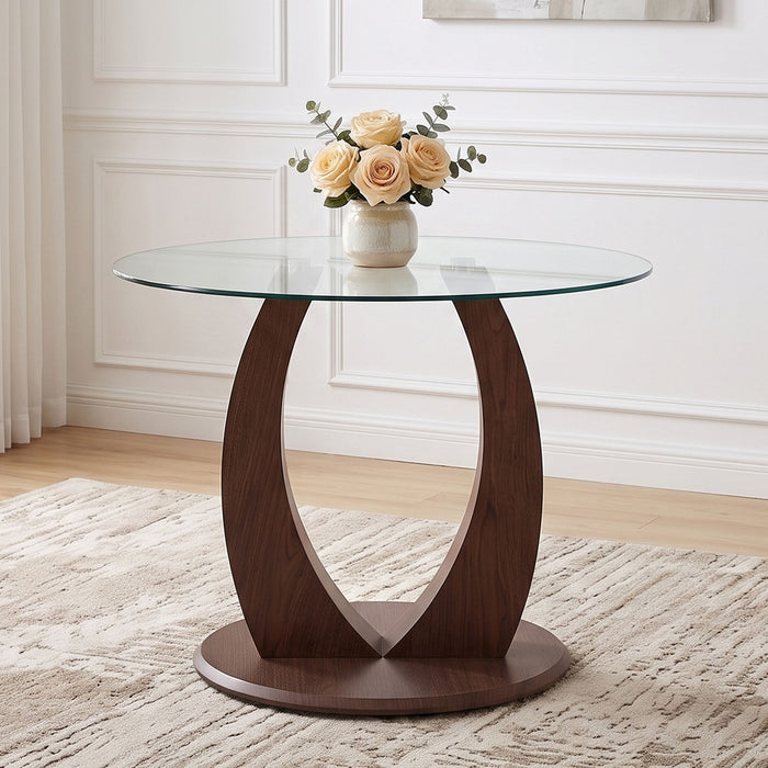 2 In 1 Round Glass Dining Table With Adjustable Curved Base, - Transparent / Walnut Home Essentials