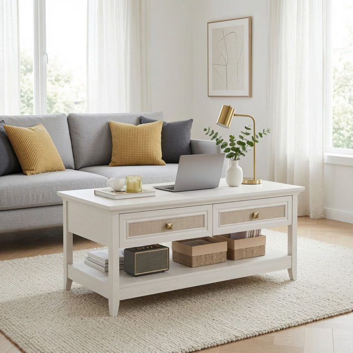 Coffee Table With Drawers & Storage Shelf - White Home Essentials