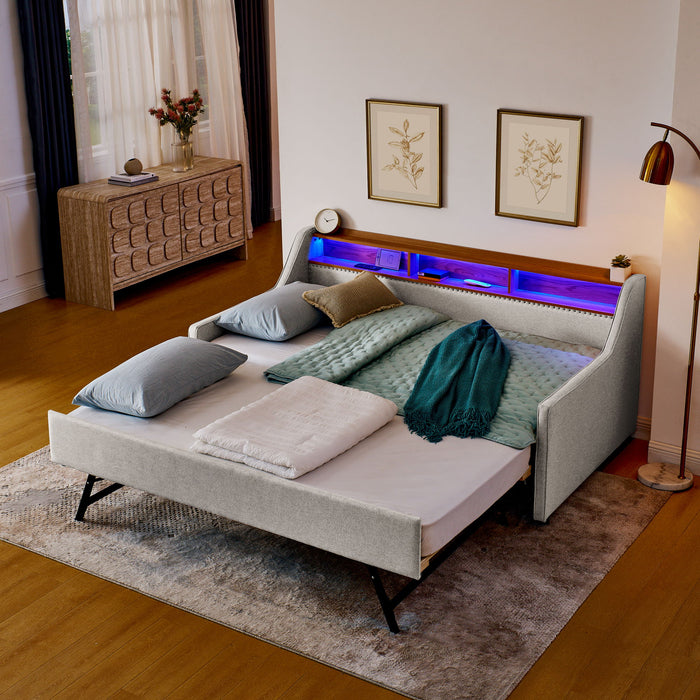 Upholstered Sofa Bed With LED Lights, Storage Headboard, Foldable Trundle & Wireless Charging Home Essentials