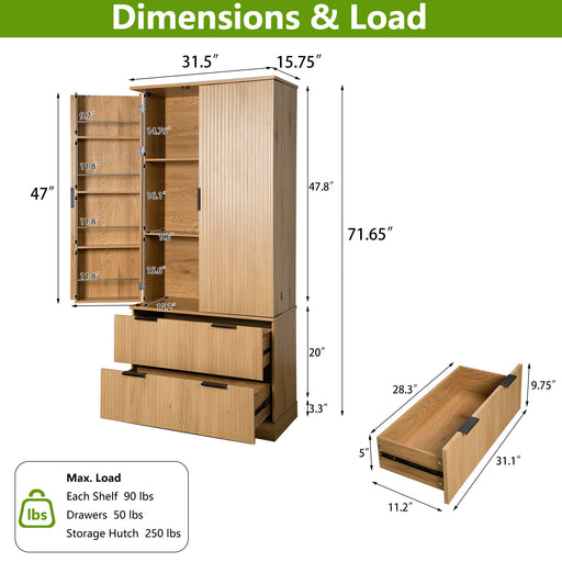 Fluted Kitchen Pantry Cabinet With 2 Large Drawers & 8 Door Spice Rack Freestanding Storage Organizer - Oak Home Essentials