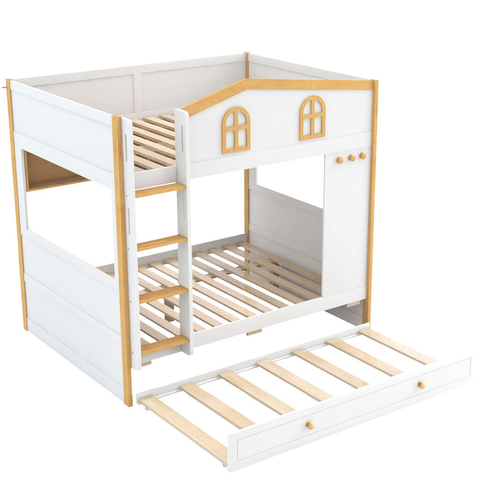 Full Over Full Bunk Bed With Storage Shelves And Trundle - White / Natural Dreamland