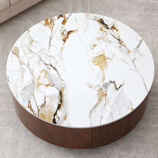 Round Coffee Table With 2 Drawers For Living Room - Walnut Brown / White / Multi Home Essentials