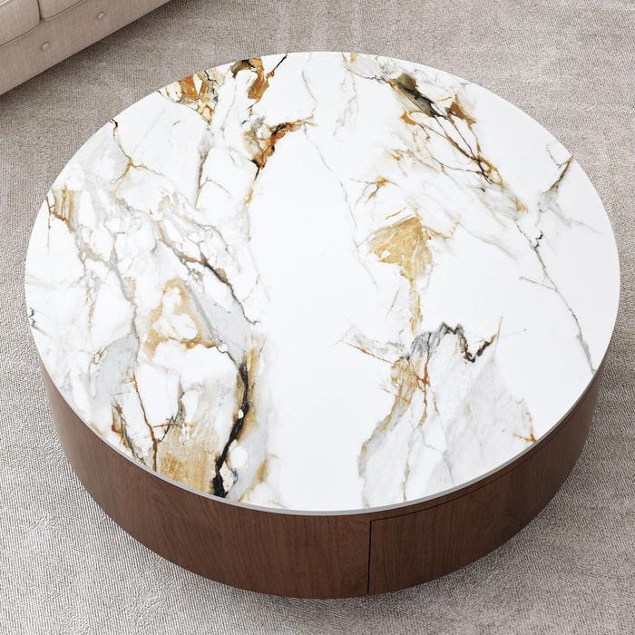 Round Coffee Table With 2 Drawers For Living Room - Walnut Brown / White / Multi Home Essentials
