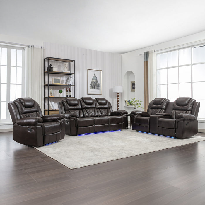 3 Pieces Recliner Sofa Sets Home Theater Seating Manual Recliner Chair & Center Console And LED Light Strip For Living Room - Brown Hearth and Haven