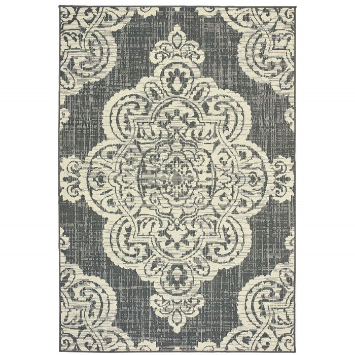 2' X 4' Oriental Stain Resistant Indoor / Outdoor Area Rug - Gray / Ivory