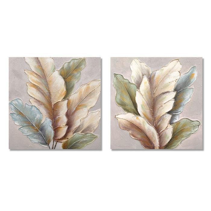 Botanical Leaf Wall Art, Textured Canvas Painting With Accents, Framed Decor For Living Room (Set of 2) - Green Leaf Daily Nest