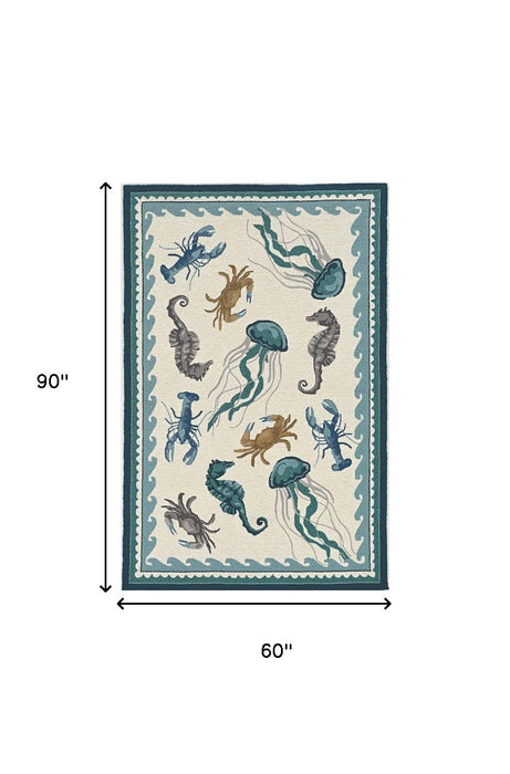 5' X 7' Sea Creatures Indoor / Outdoor Area Rug - Ivory / Teal