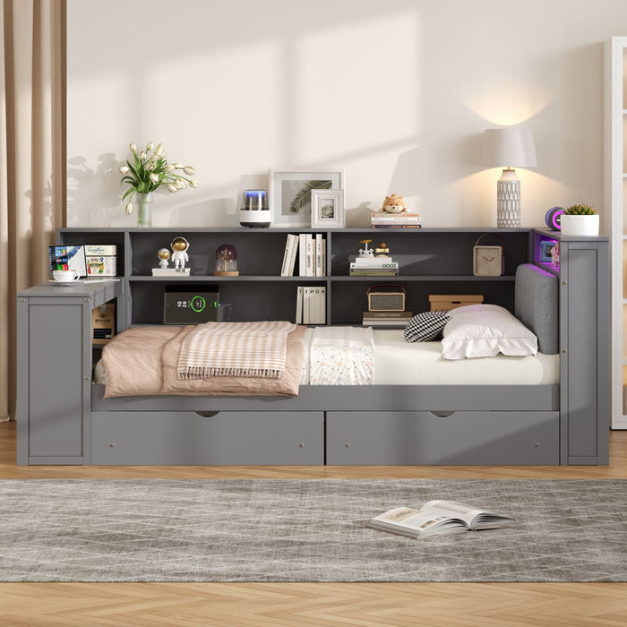 Platform Bed With Storage Shelves, Drawers, Charging Station, LED, Desk Hearth and Haven