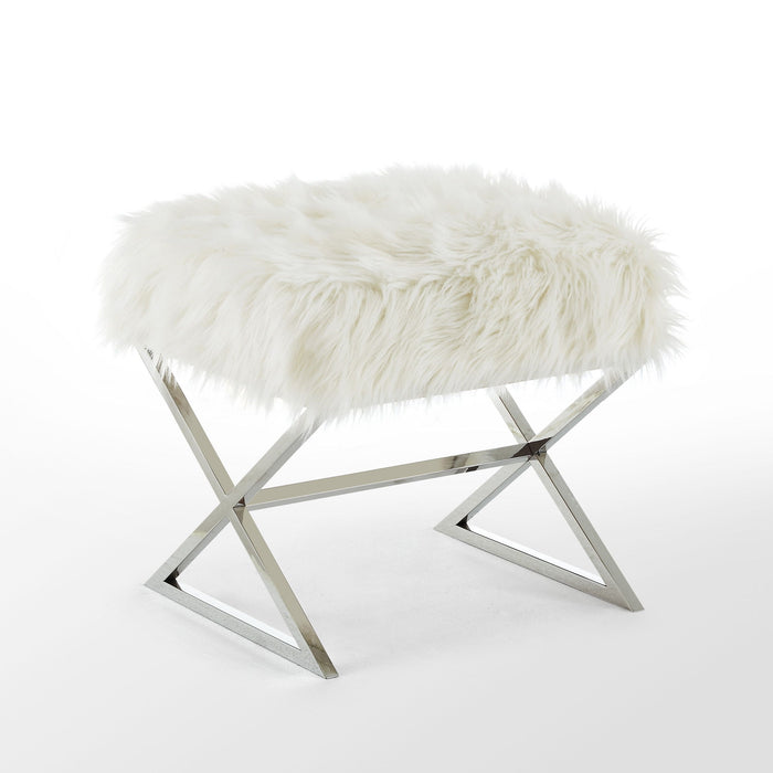 Faux Fur Ottoman - White / Silver