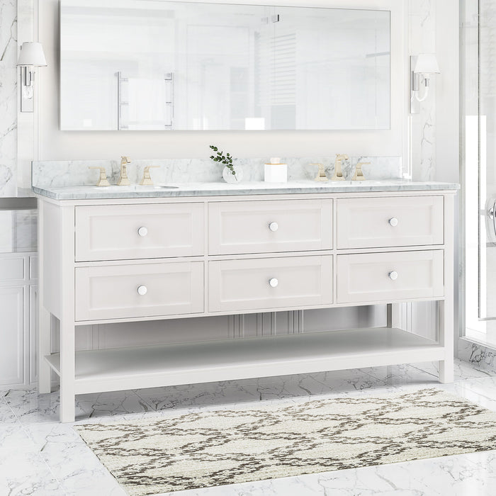 73'' Bathroom Vanity With Marble Top & Double Ceramic Sinks, 4 Drawers, Open Shelf, White
