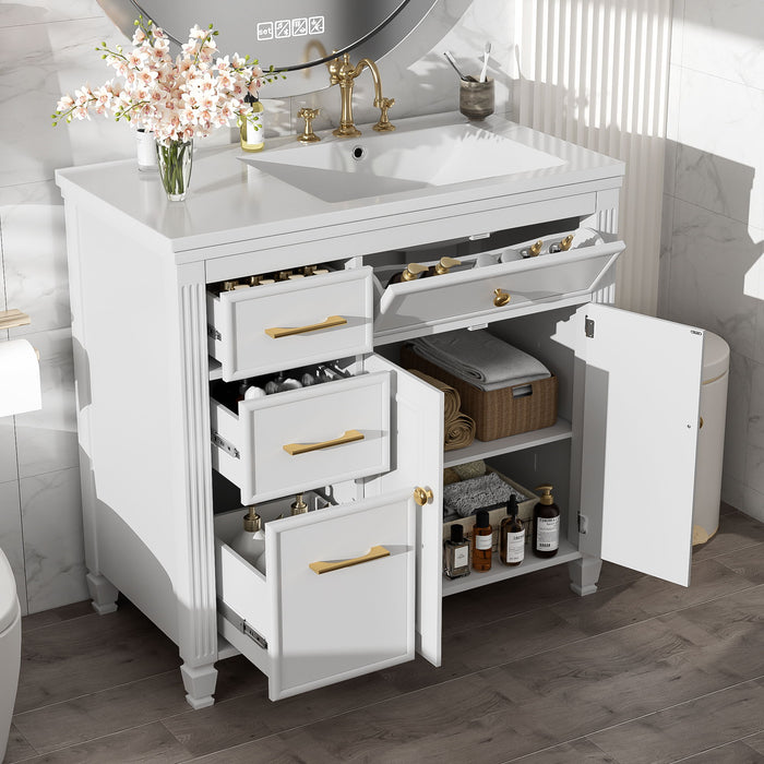 Bathroom Vanity With Sink, 1 Tip Out Drawer, 3 Side Drawers, Adjustable Shelf Noble House