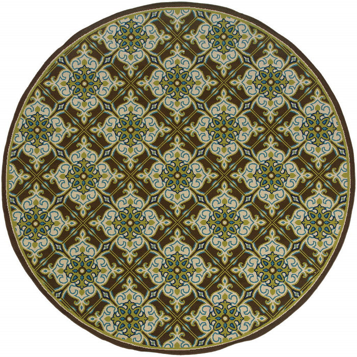 8' X 8' Round Floral Stain Resistant Indoor / Outdoor Area Rug - Brown / Ivory