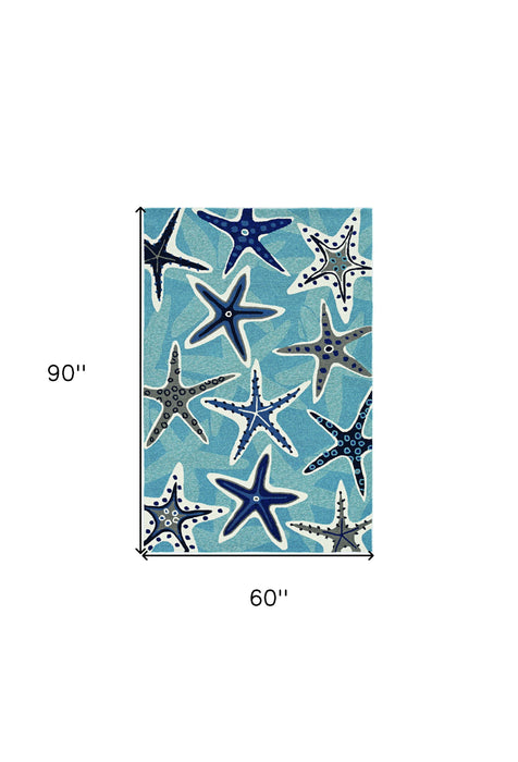 5' X 8' UV Treated Coastal Starfish Indoor / Outdoor Area Rug - Blue