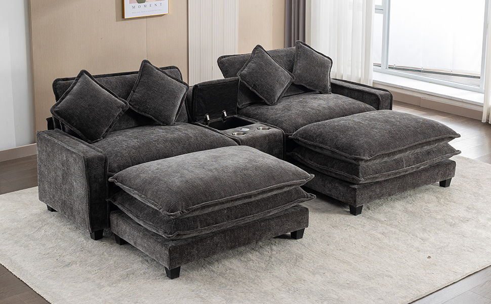 112.6" Sectional Sofa Chenille Upholstered Sofa With Two Removable Ottoman, Two USB Ports, Two Cup Holders And Large Storage Box For Living Room, Black