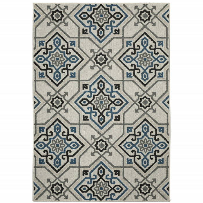 3' X 5' Oriental Stain Resistant Outdoor / Indoor Area Rug - Blue / Beige