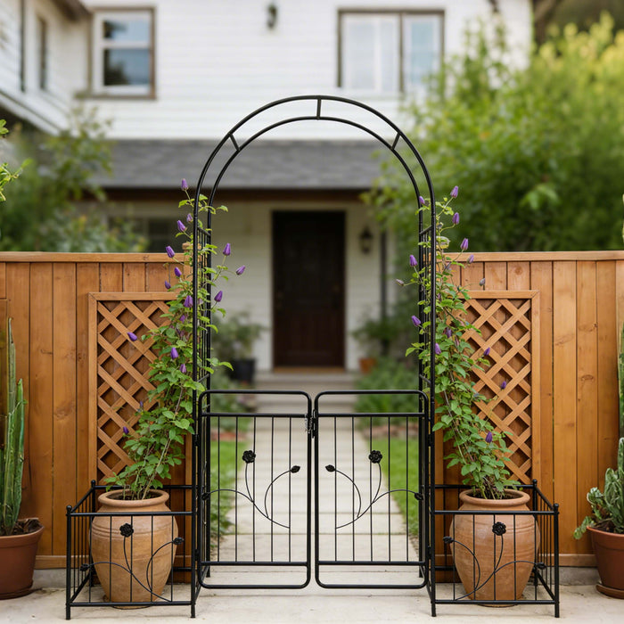 Metal Garden Arch With Gate Wide High Climbing Plants Support Rose Arch Outdoor - Black Daily Nest