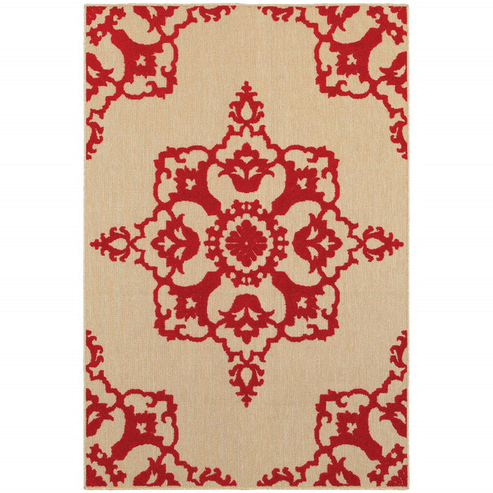 7' X 10' Oriental Stain Resistant Indoor / Outdoor Area Rug - Red