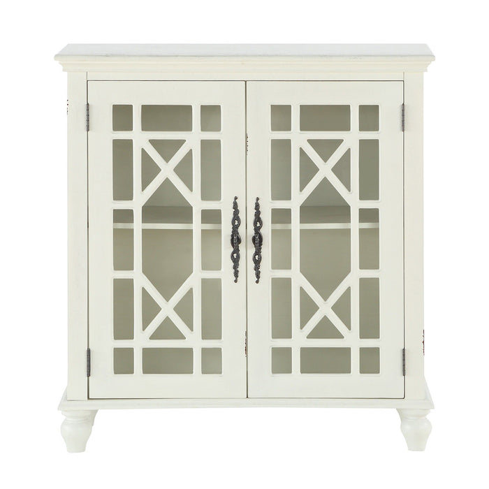 Antique White Accent Chest 1 Piece Classic Storage Cabinet Shelves Glass Inlay Doors Wooden Traditional Design Furniture