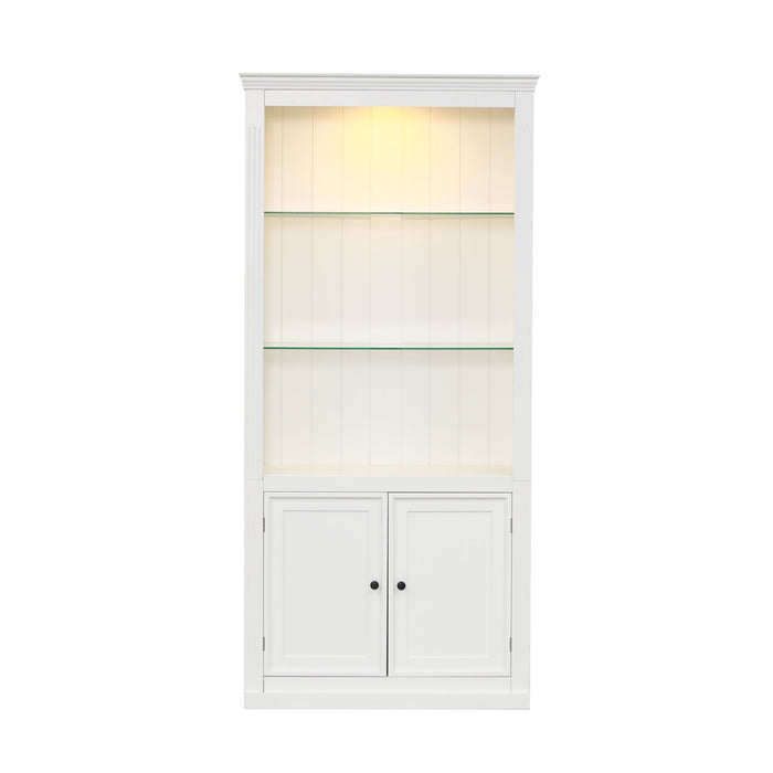 Retro Style Display Bookcase With Adjustable LED Ceiling Light And Tempered Glass Shelves - White