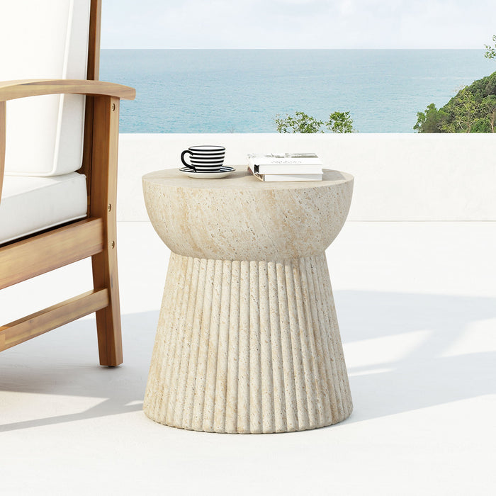 Outdoor Travertine Concrete Side Table - Beige