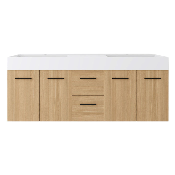Floating Double Sink Bathroom Vanity With Drawers And Doors, Extra Large Storage, Integrated Sink, Soft Close Hardware - Glossy White / Light Oak Home Essentials